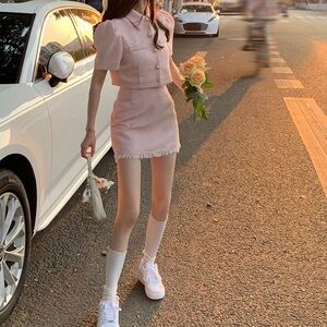 Blush Pink Tweed Skirt and Jacket Mini Coat